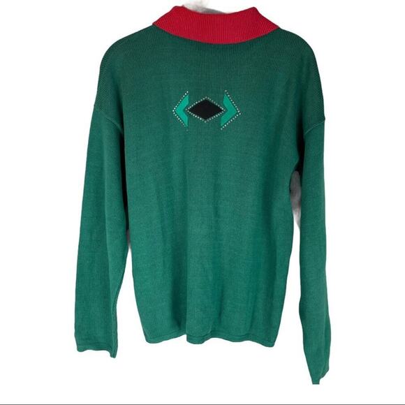 Vintage Christmas red green collared abstract zip front cardigan sweater - Picture 6 of 9